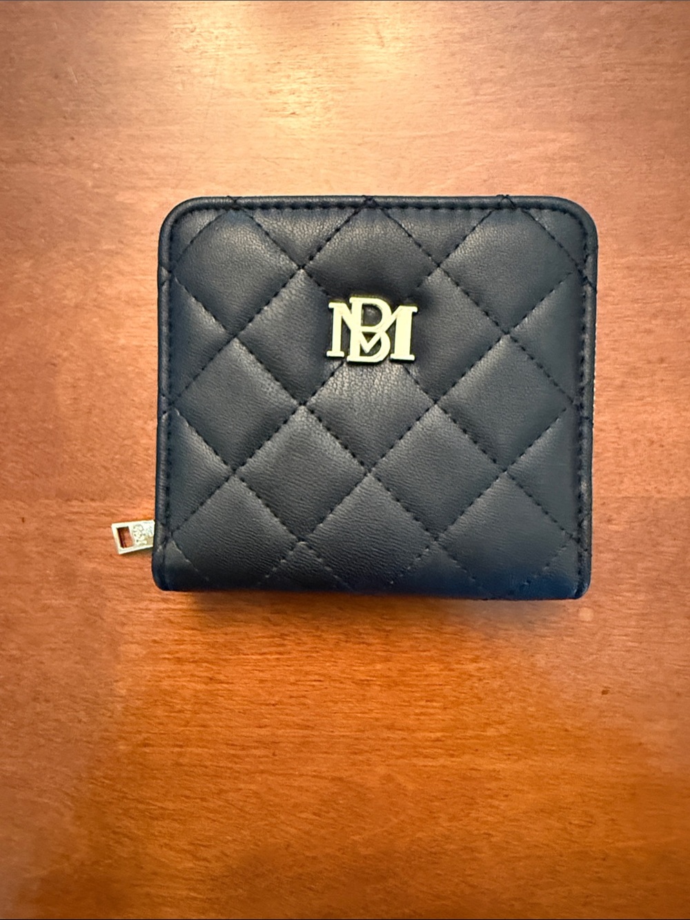 Badgley Mischka Black Quilted Leather Zip Wallet with Gold Logo